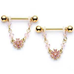 14 Gauge 5/8 Pink Gem Gold Tone Dainty Flower Dangle Nipple Ring Set