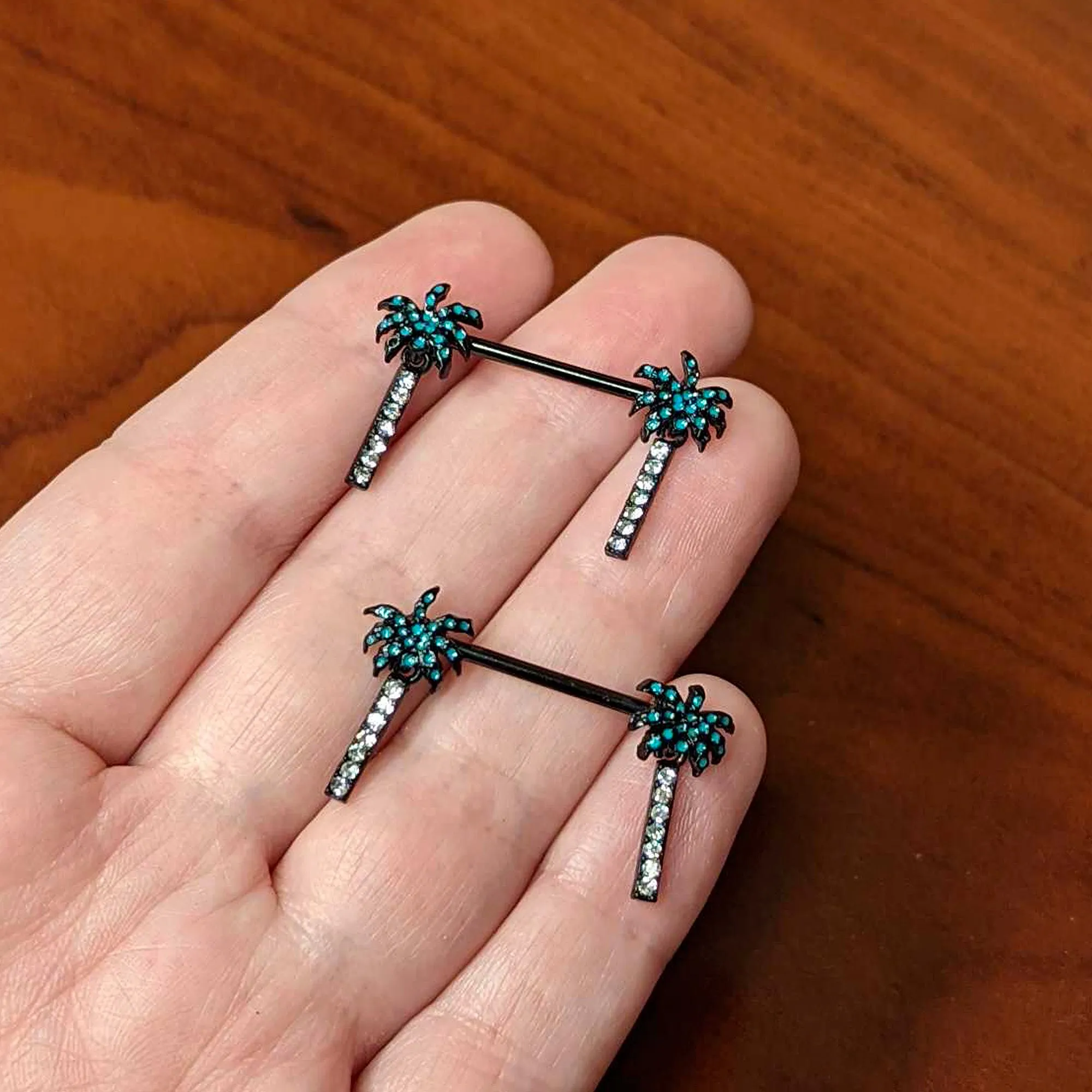 14 Gauge 9/16 Clear Gem Black Night Palm Tree Dangle Nipple Ring Set