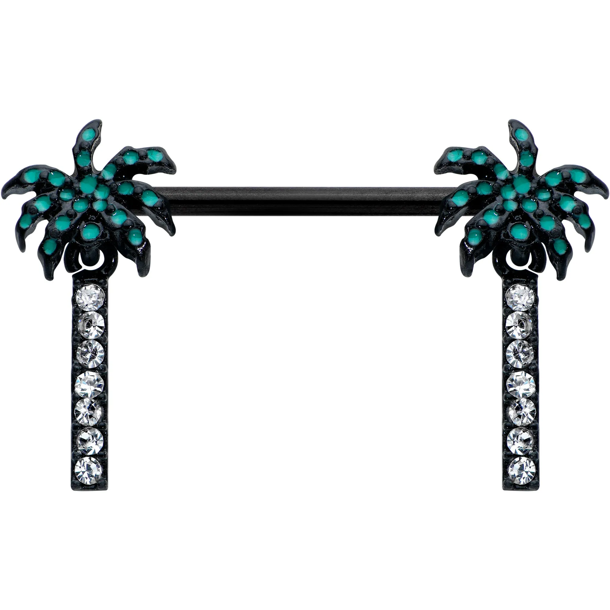 14 Gauge 9/16 Clear Gem Black Night Palm Tree Dangle Nipple Ring Set