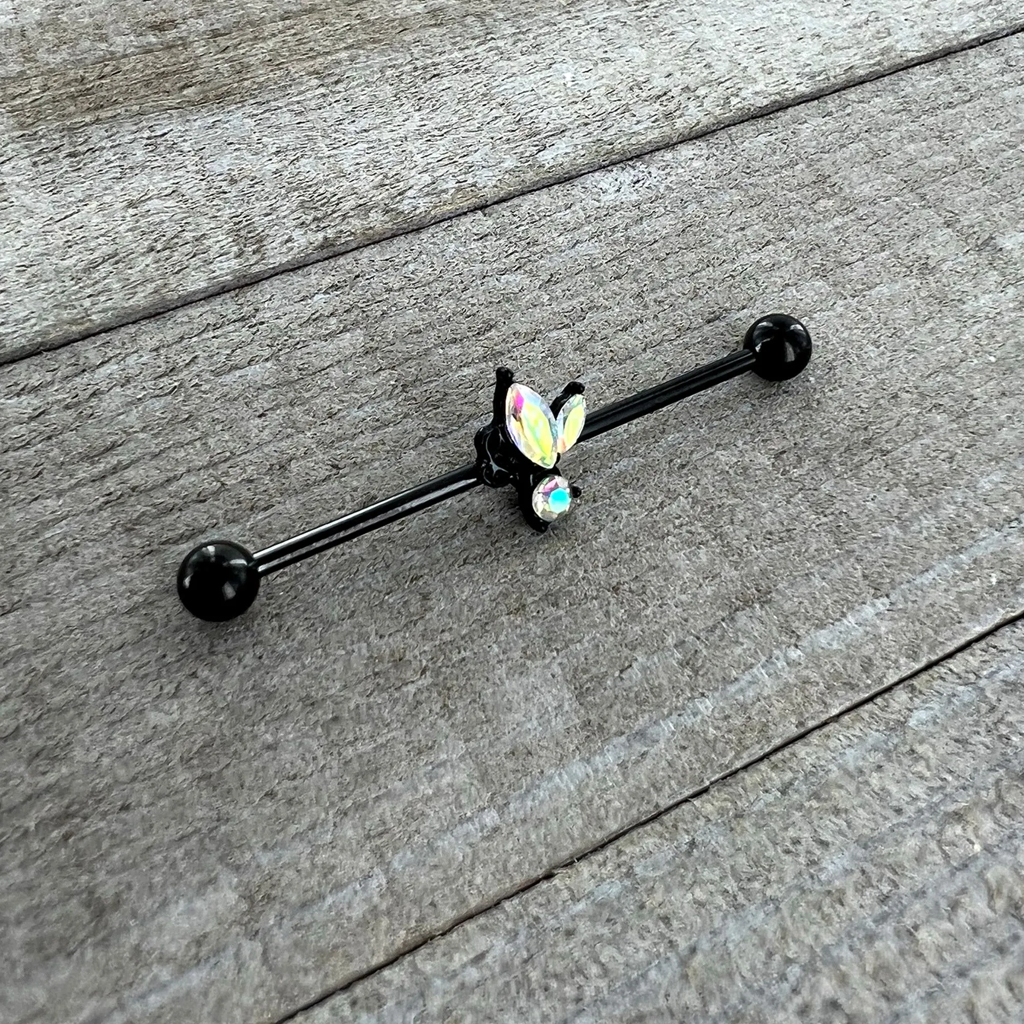 14 Gauge Aurora CZ Gem Black Fleur de Lis Butterfly Industrial Barbell 38mm