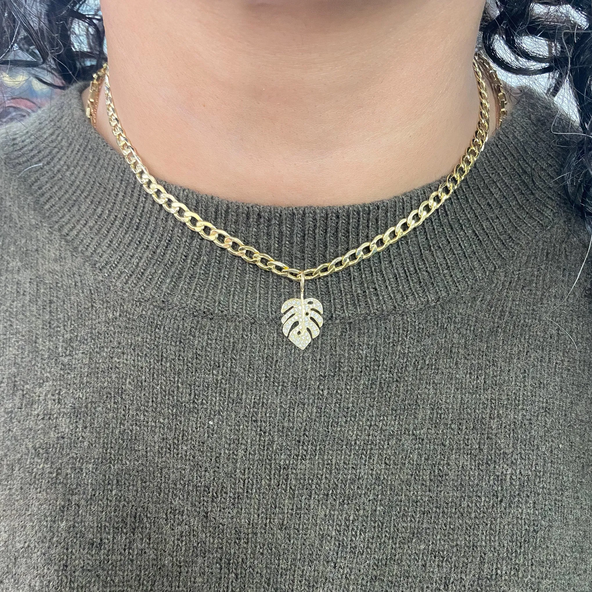 14K Gold Pavé Diamond Monstera Palm Leaf Necklace