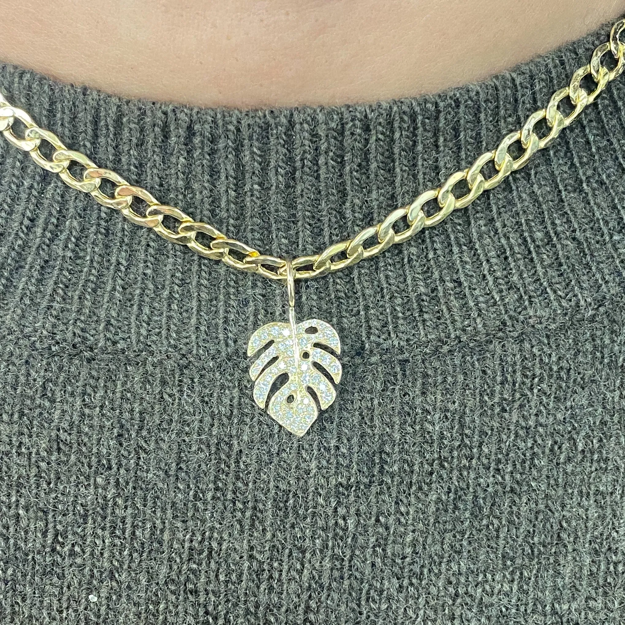 14K Gold Pavé Diamond Monstera Palm Leaf Necklace