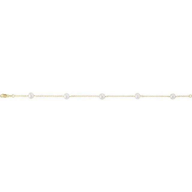 14K Yellow Cultured White Freshwater Pearl 5-Station 7" Bracelet