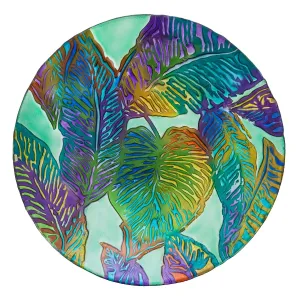 18" Hand Painted Embossed Glass Bird Bath, Tropical Palm Leaves,2gb839
