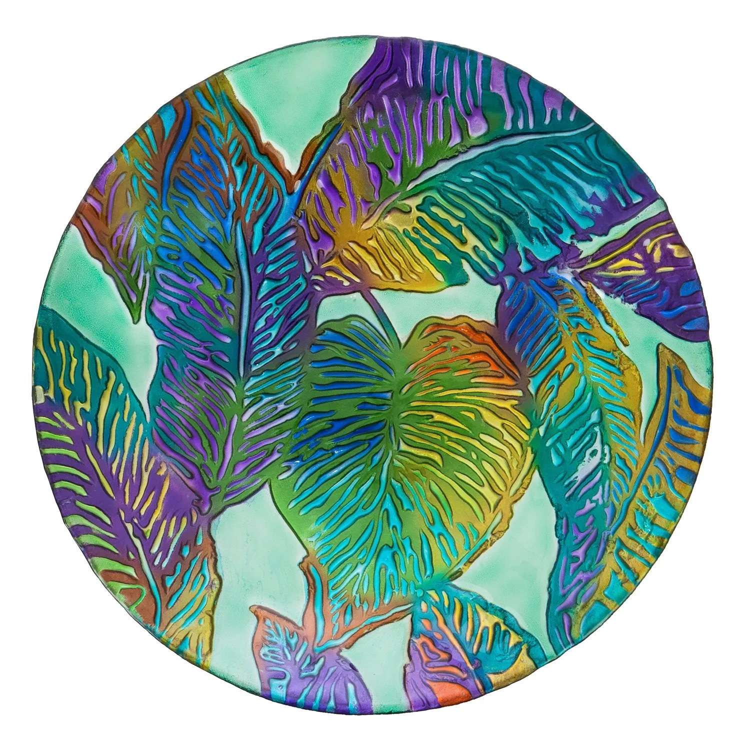 18" Hand Painted Embossed Glass Bird Bath, Tropical Palm Leaves,2gb839
