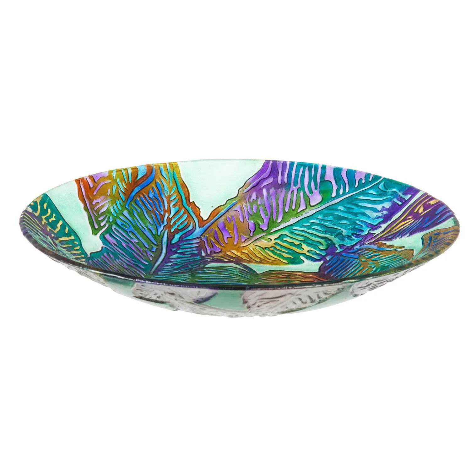 18" Hand Painted Embossed Glass Bird Bath, Tropical Palm Leaves,2gb839