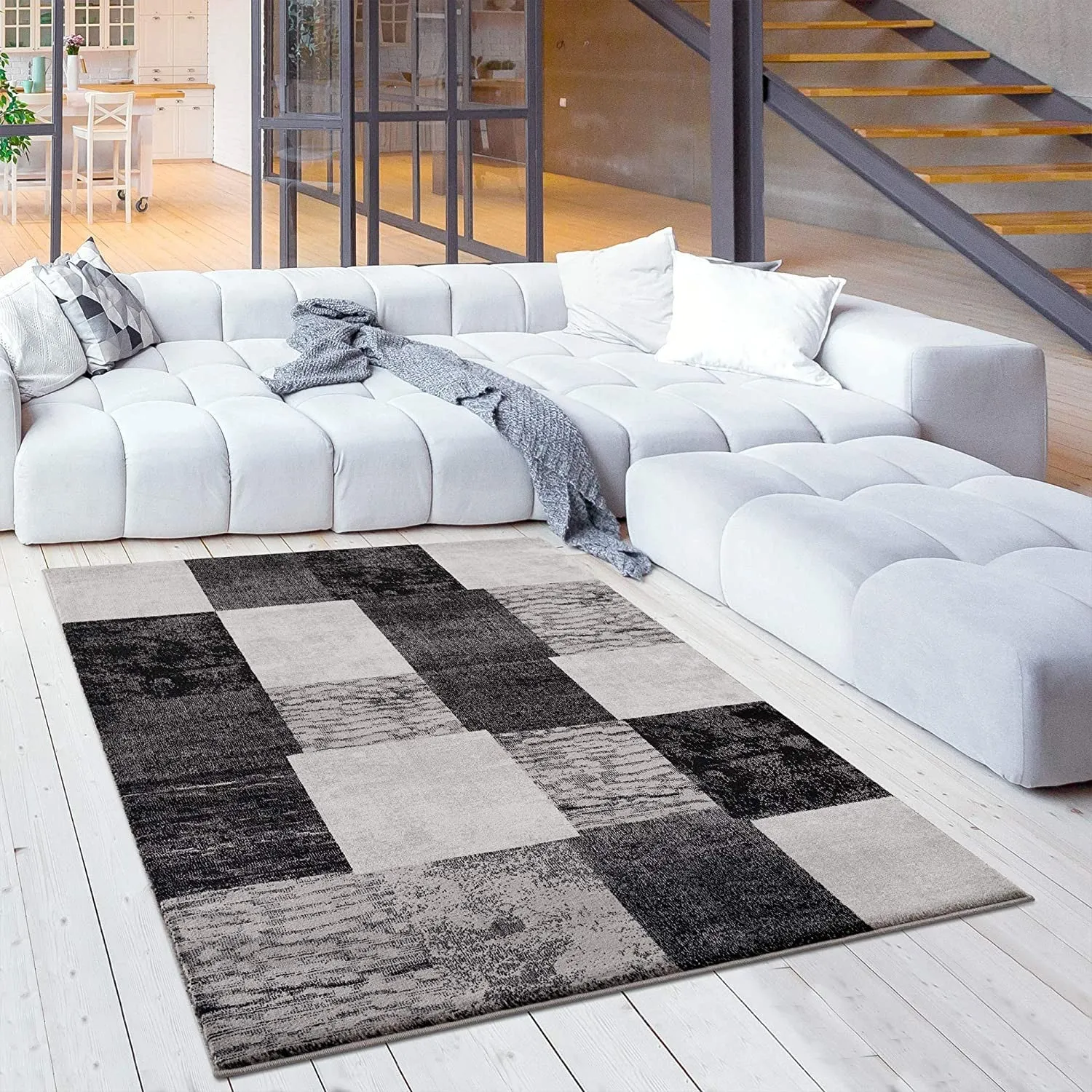 2’ x 15’ Gray Geometric Blocks Runner Rug