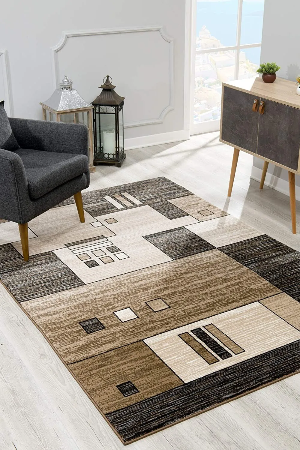3’ x 10’ Beige and Brown Geometric Runner Rug