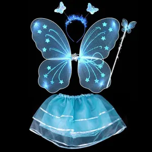 4Pcs Kids girls Fairy Princess Costume Sets colorful stage wear Butterfly Wings Wand Headband Tutu Skirts