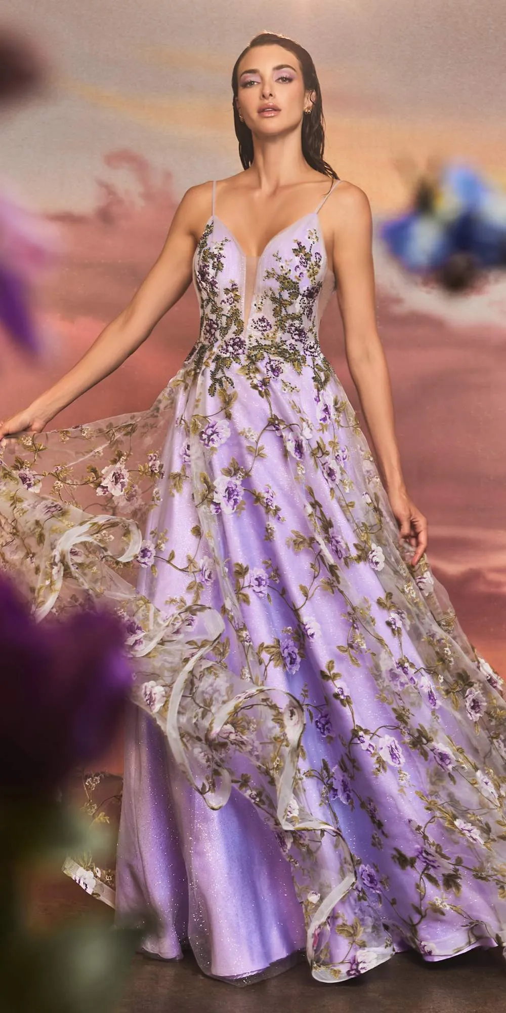 Andrea & Leo A1135 Floor Length Lisianthus Printed Organza A-Line Gown