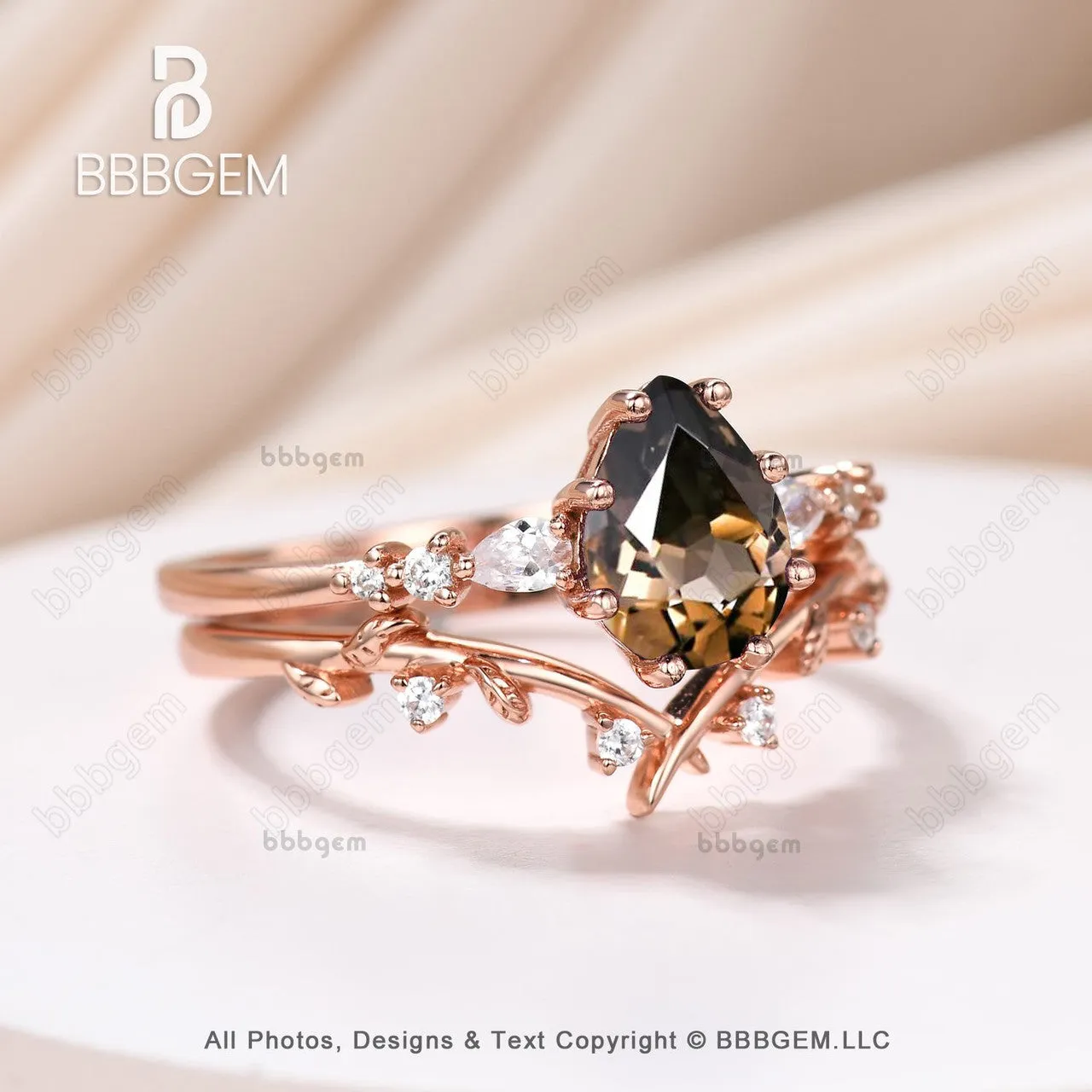 Art Deco Pear Smoky Quartz Promise Ring Set Brown Quartz Moissanite Leaf Stacking Band Women Nature Inspired