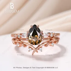 Art Deco Pear Smoky Quartz Promise Ring Set Brown Quartz Moissanite Leaf Stacking Band Women Nature Inspired