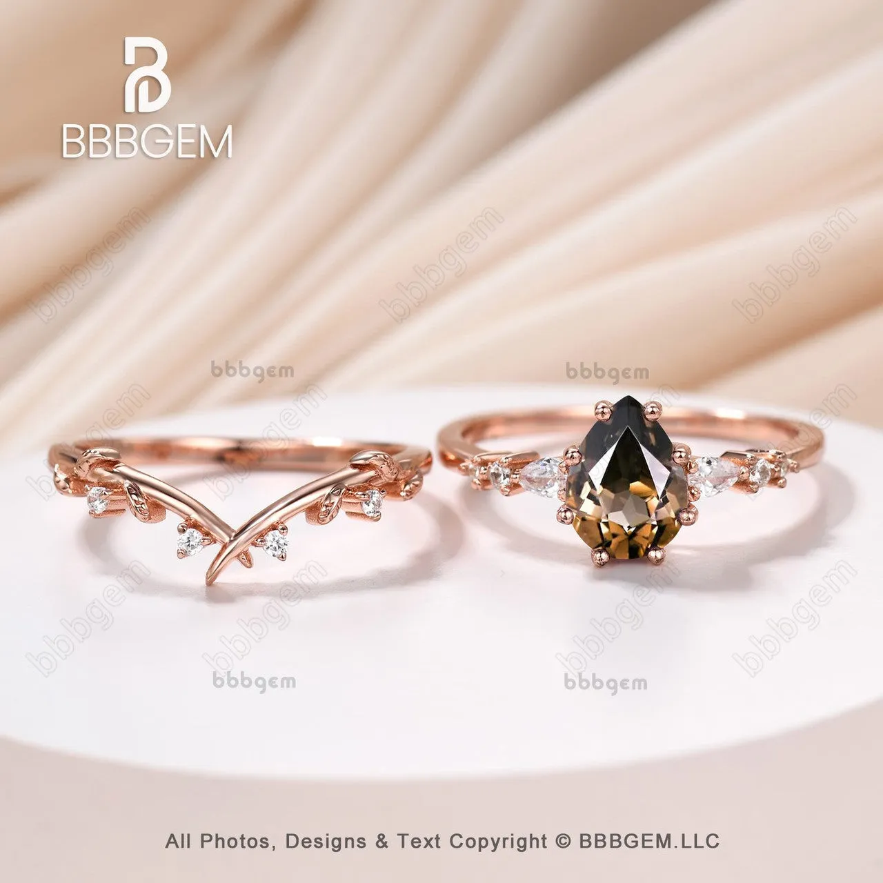 Art Deco Pear Smoky Quartz Promise Ring Set Brown Quartz Moissanite Leaf Stacking Band Women Nature Inspired