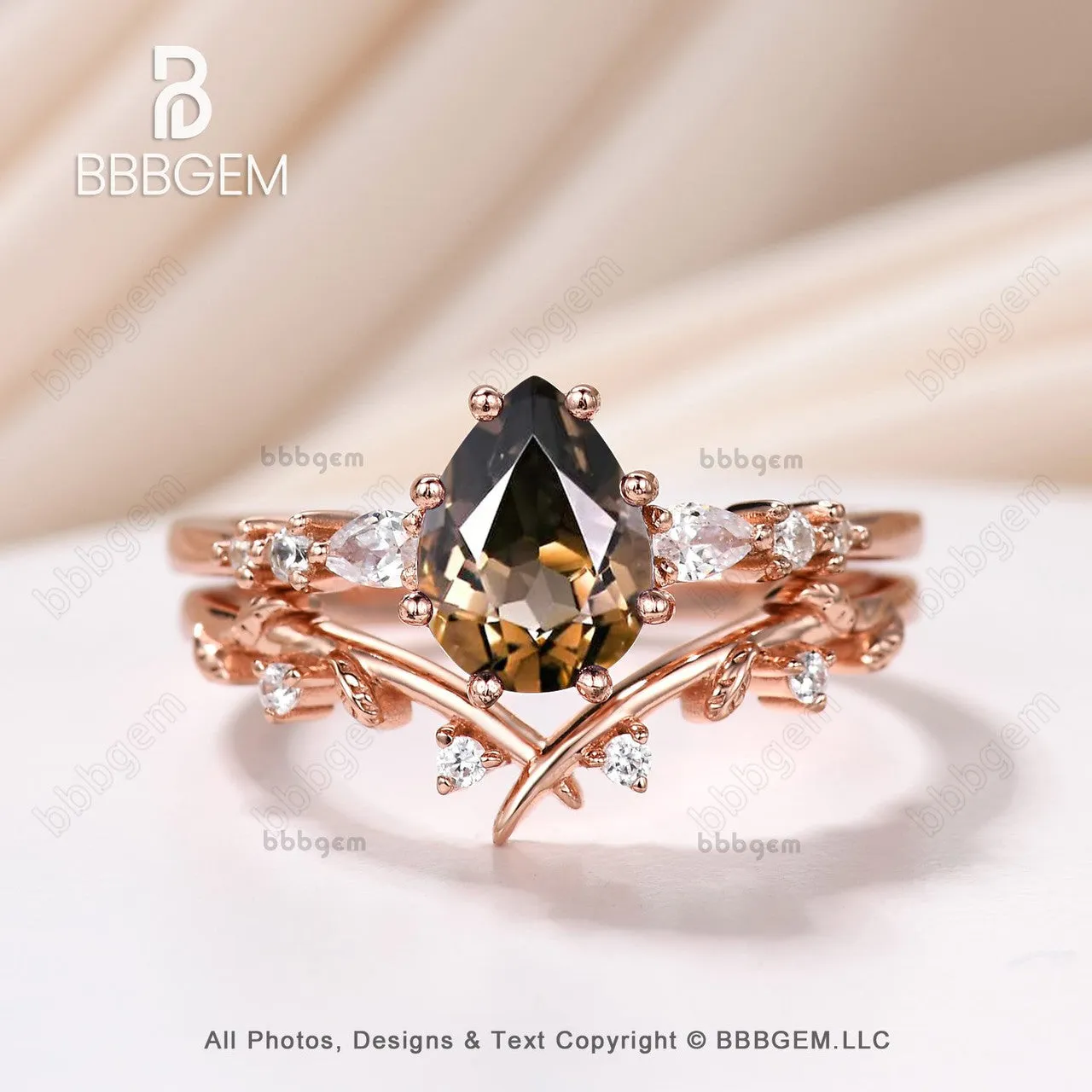 Art Deco Pear Smoky Quartz Promise Ring Set Brown Quartz Moissanite Leaf Stacking Band Women Nature Inspired