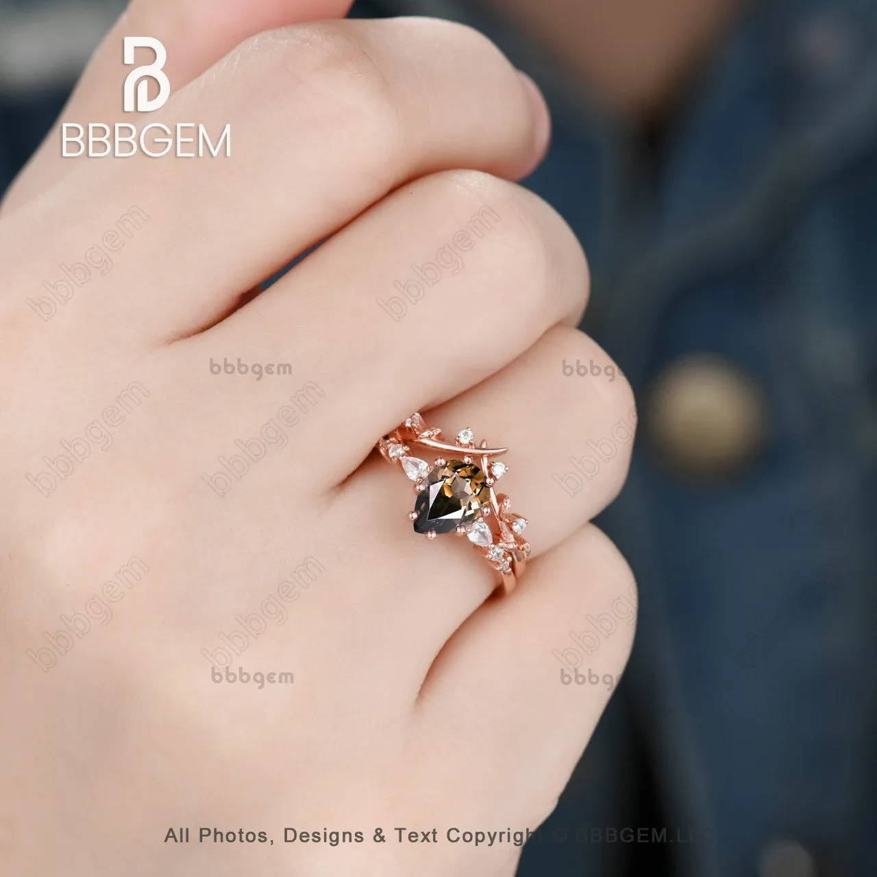 Art Deco Pear Smoky Quartz Promise Ring Set Brown Quartz Moissanite Leaf Stacking Band Women Nature Inspired