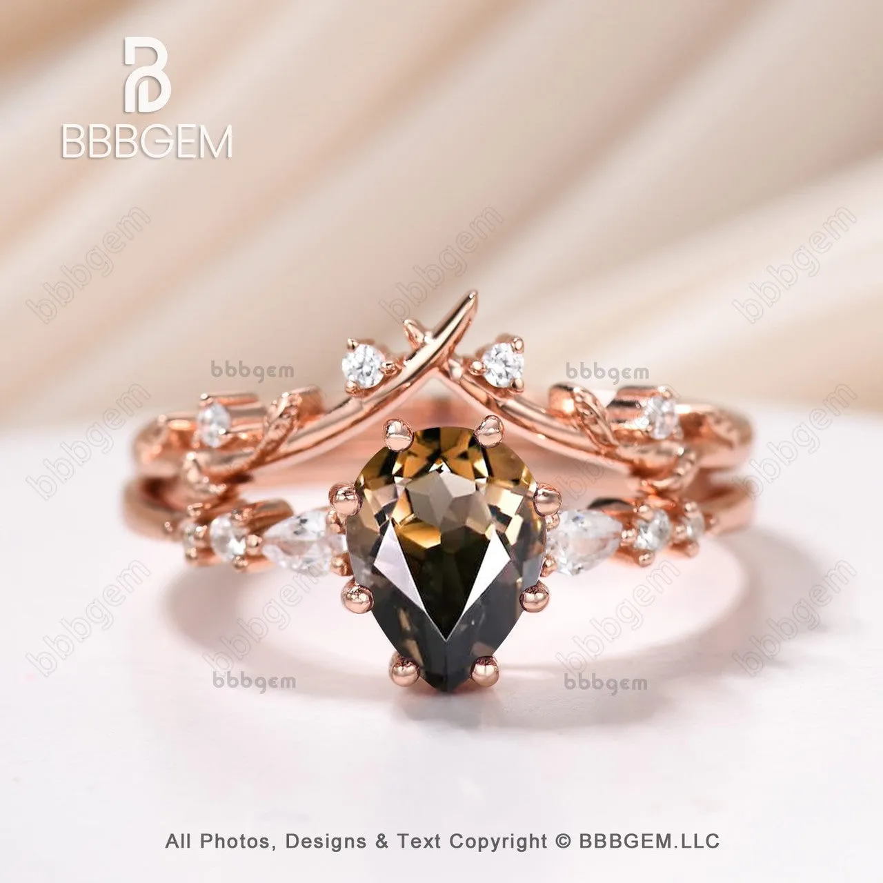 Art Deco Pear Smoky Quartz Promise Ring Set Brown Quartz Moissanite Leaf Stacking Band Women Nature Inspired