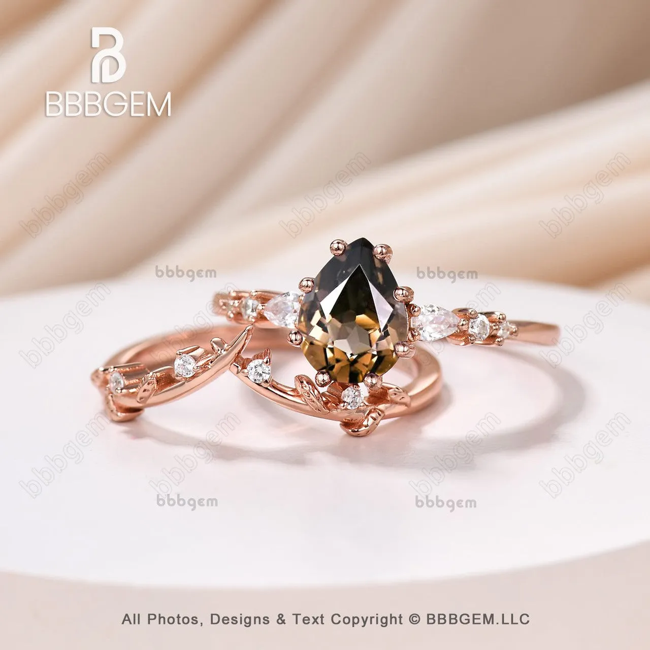 Art Deco Pear Smoky Quartz Promise Ring Set Brown Quartz Moissanite Leaf Stacking Band Women Nature Inspired