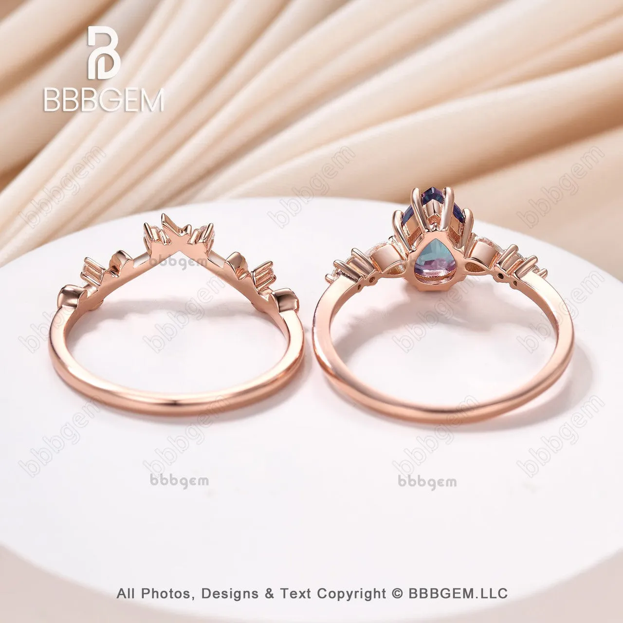 Art Deco Pear Smoky Quartz Promise Ring Set Brown Quartz Moissanite Leaf Stacking Band Women Nature Inspired