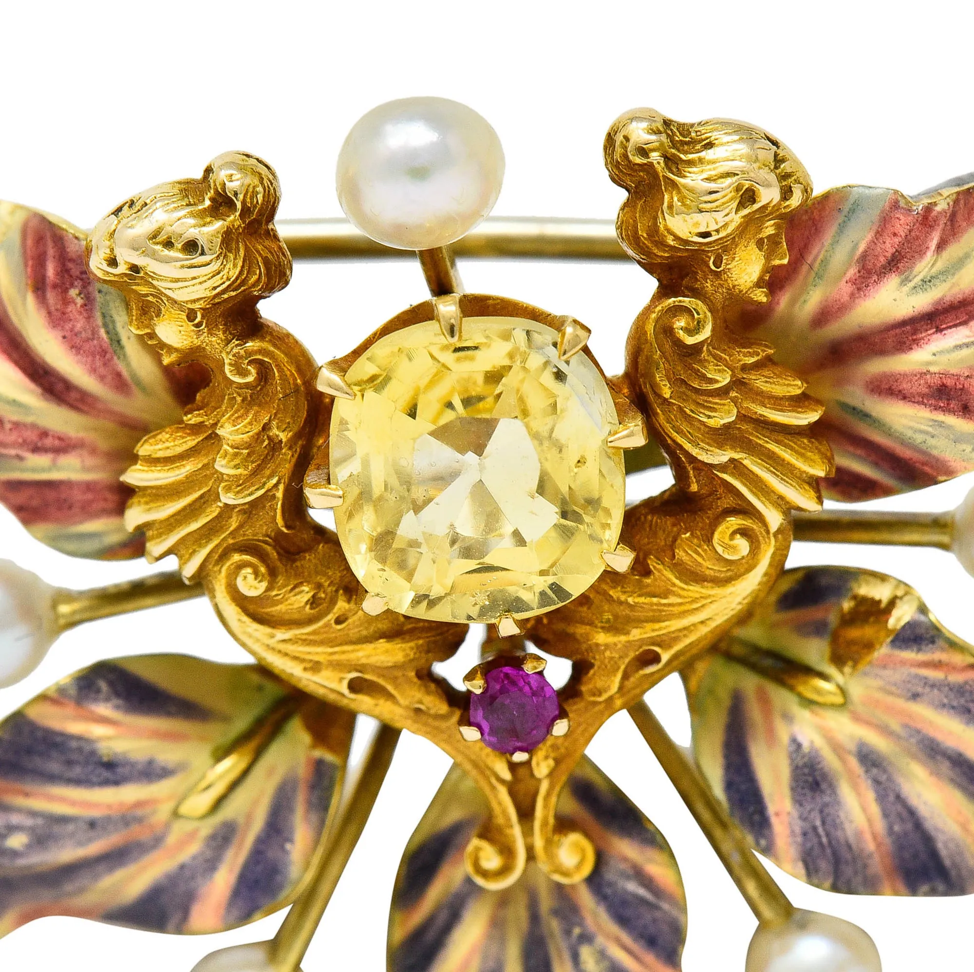 Art Nouveau Yellow Sapphire Pearl Ruby 14 Karat Gold Fairy Pendant Brooch