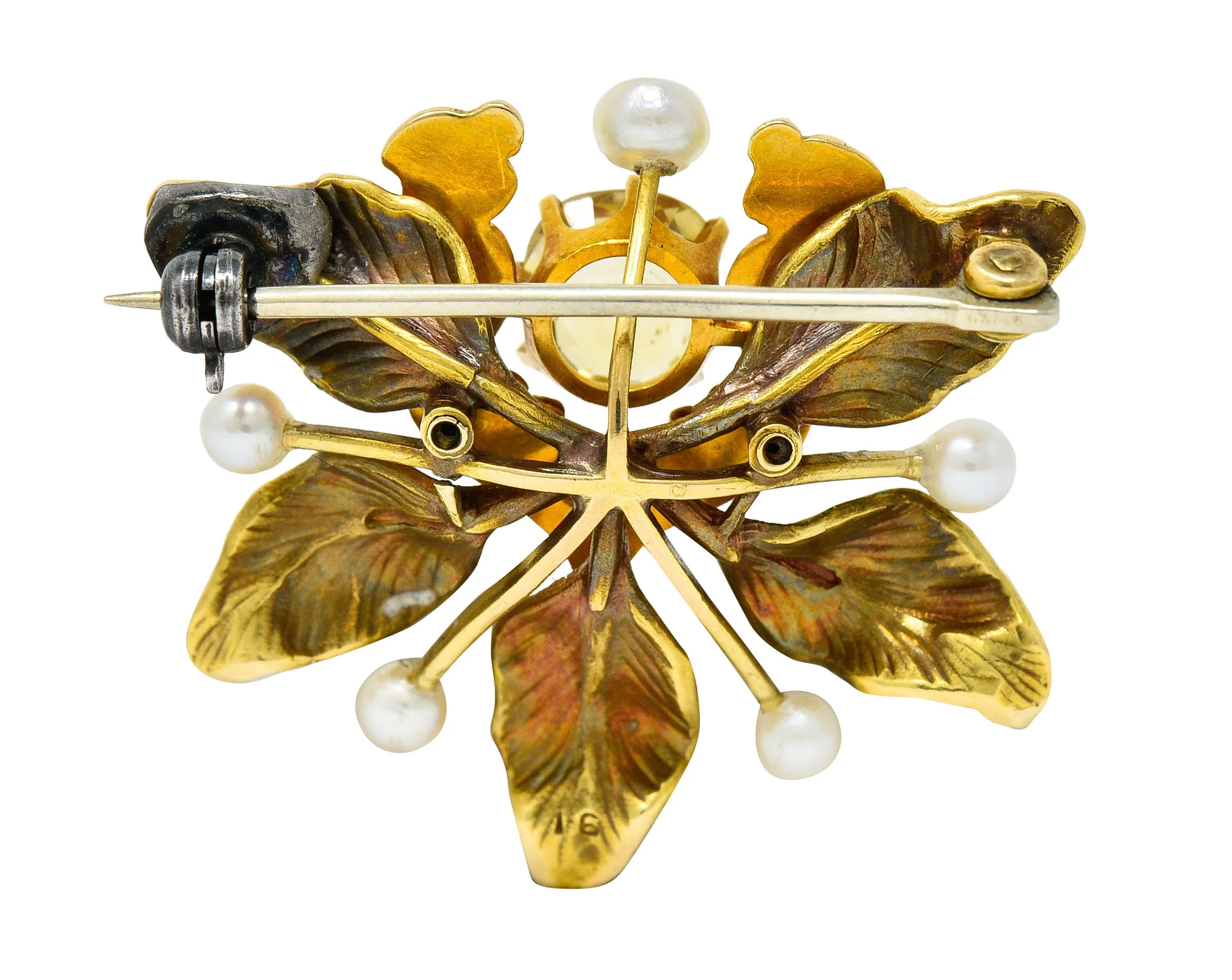 Art Nouveau Yellow Sapphire Pearl Ruby 14 Karat Gold Fairy Pendant Brooch