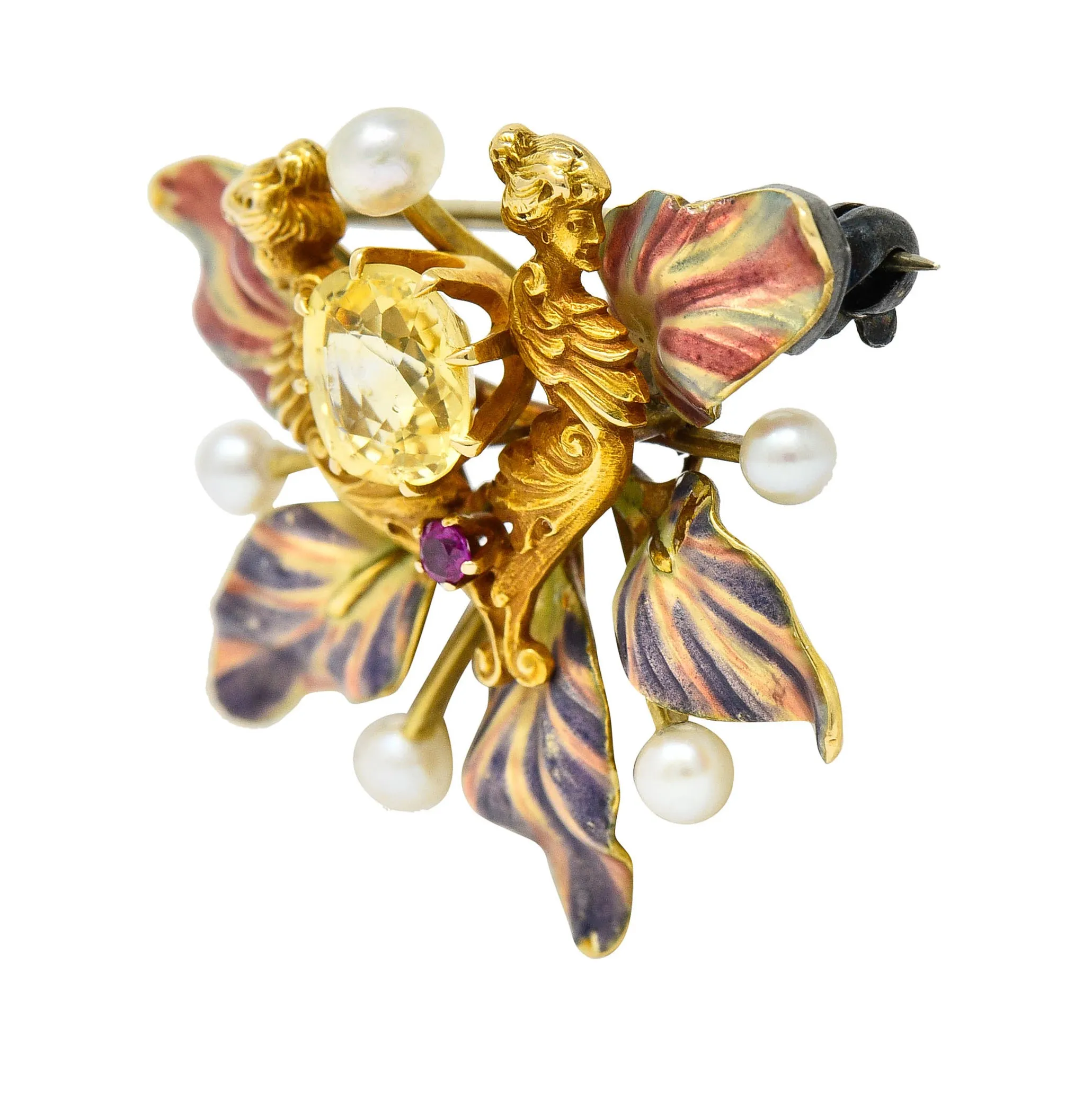 Art Nouveau Yellow Sapphire Pearl Ruby 14 Karat Gold Fairy Pendant Brooch