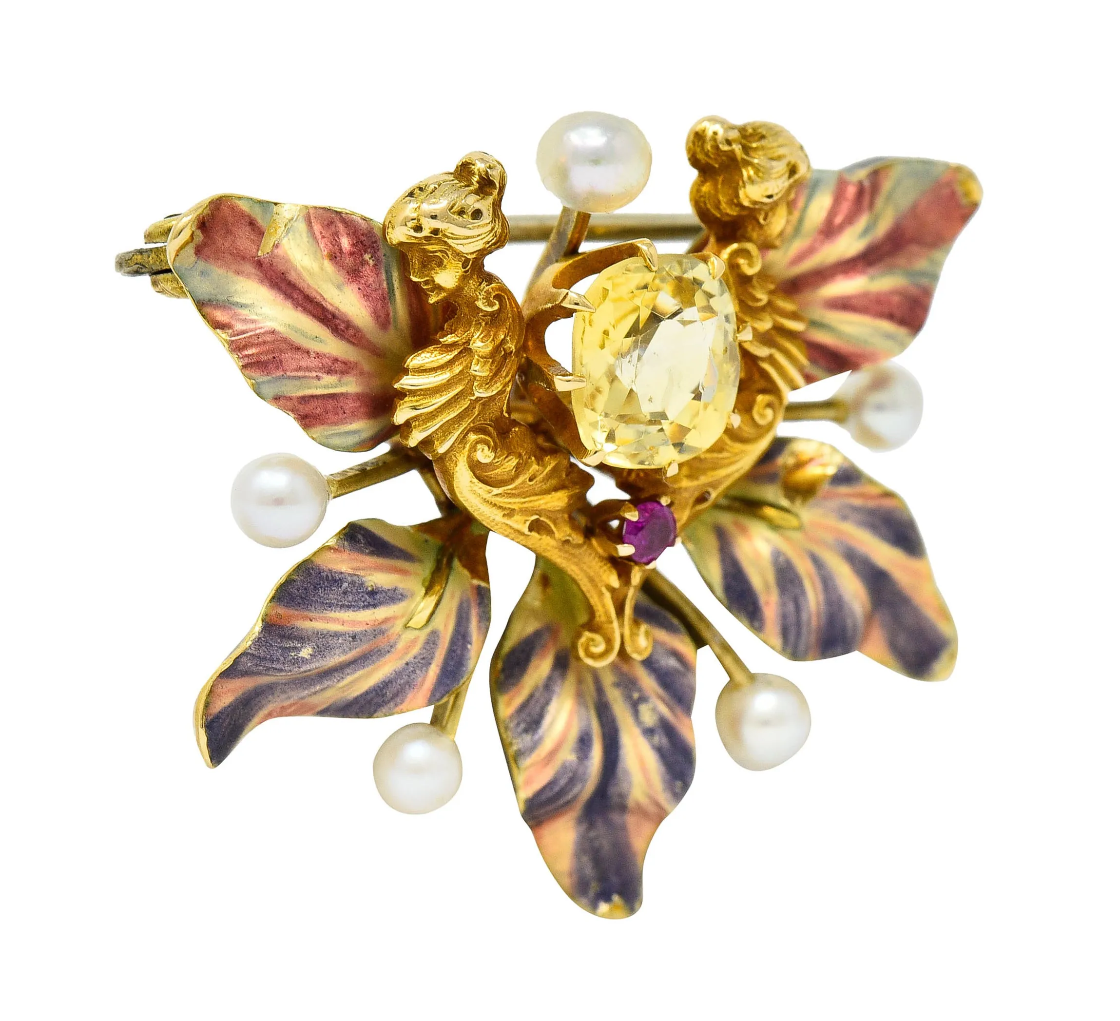 Art Nouveau Yellow Sapphire Pearl Ruby 14 Karat Gold Fairy Pendant Brooch