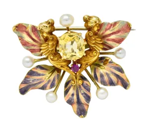Art Nouveau Yellow Sapphire Pearl Ruby 14 Karat Gold Fairy Pendant Brooch
