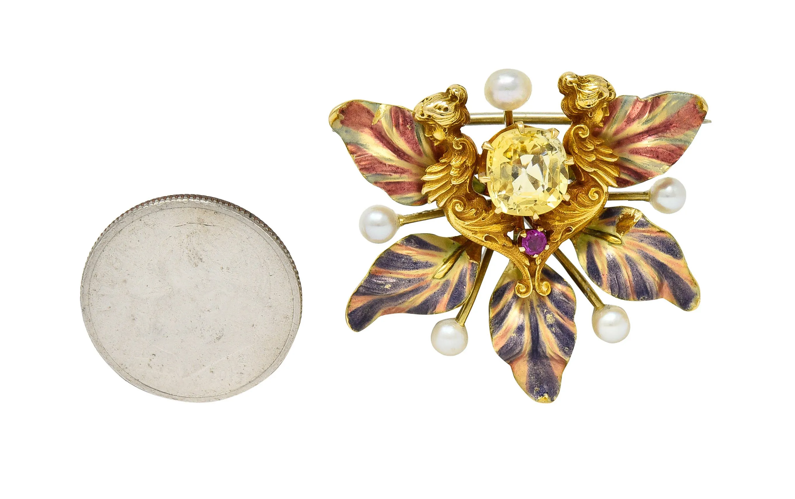 Art Nouveau Yellow Sapphire Pearl Ruby 14 Karat Gold Fairy Pendant Brooch