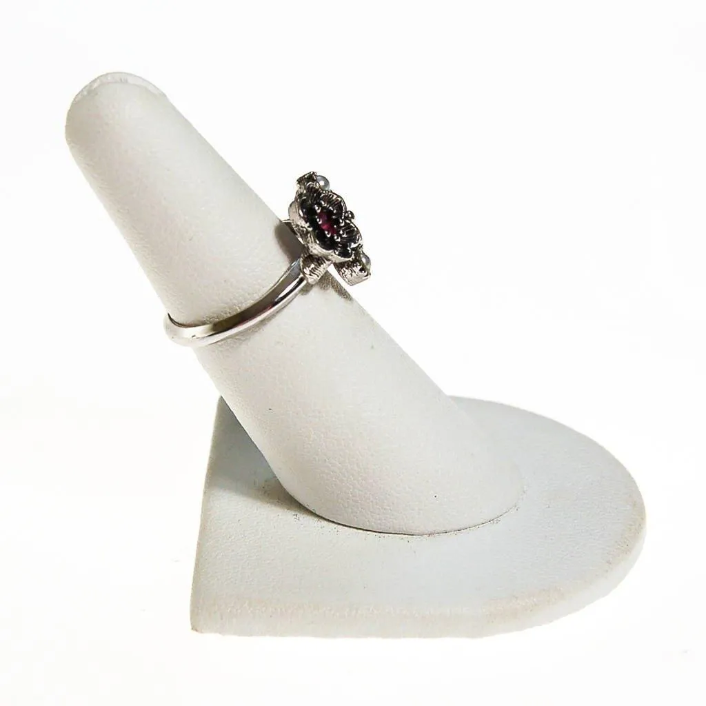 Avon Silver Flower Adjustable Ring with Pink Rhinestones and Faux Pearls, Silver Tone