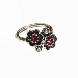 Avon Silver Flower Adjustable Ring with Pink Rhinestones and Faux Pearls, Silver Tone