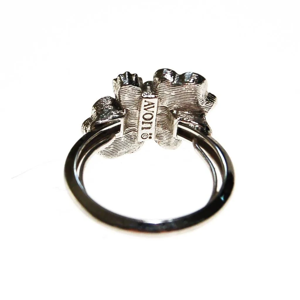 Avon Silver Flower Adjustable Ring with Pink Rhinestones and Faux Pearls, Silver Tone