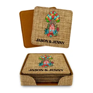 Balloon House Personalized Coaster Set of 6 Rustic Burlap Vintage Home Decor for Kitchen