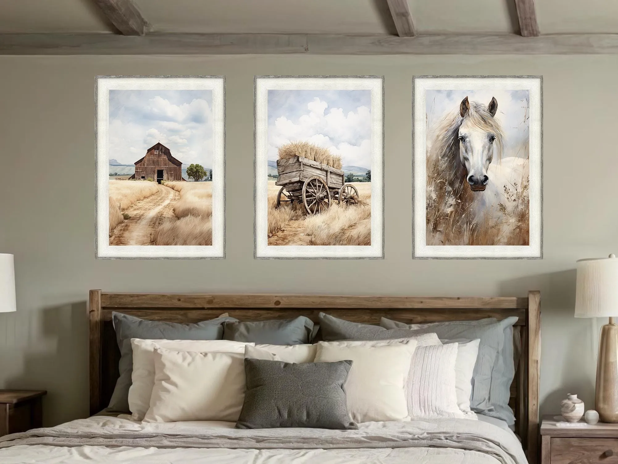 Barn, Horse, and Wagon Set of 3 Farmhouse Barnwood Frame Wall Decor