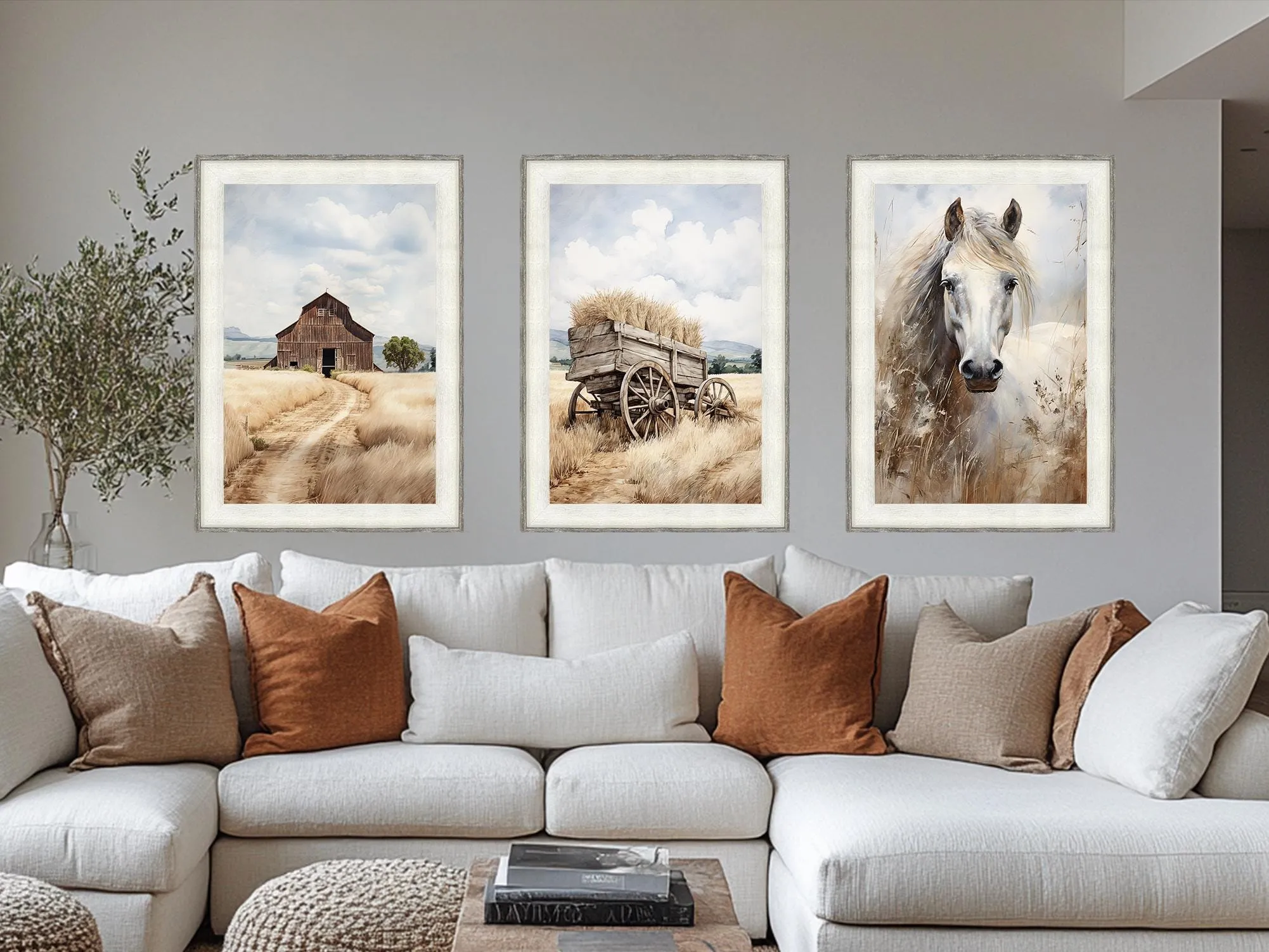 Barn, Horse, and Wagon Set of 3 Farmhouse Barnwood Frame Wall Decor