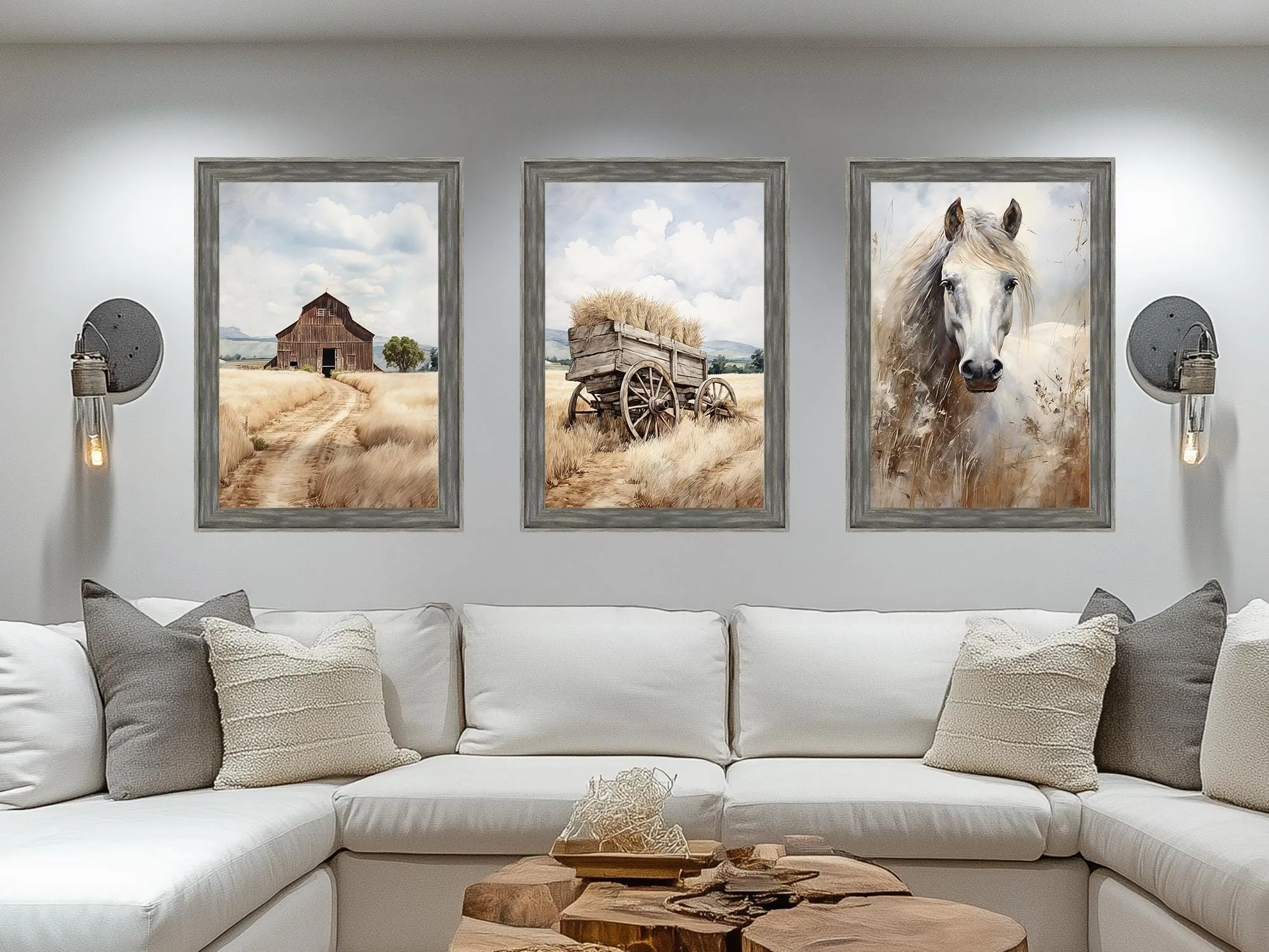 Barn, Horse, and Wagon Set of 3 Farmhouse Barnwood Frame Wall Decor