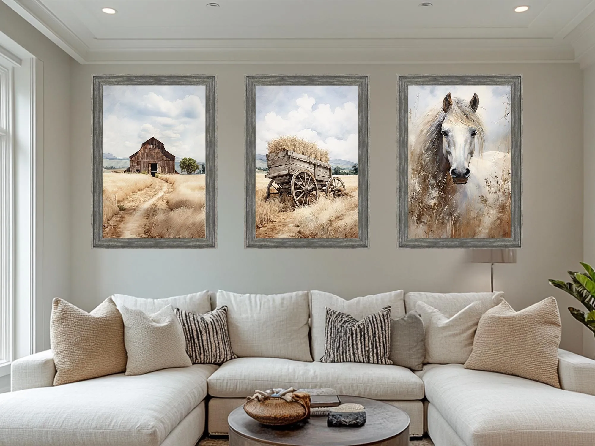 Barn, Horse, and Wagon Set of 3 Farmhouse Barnwood Frame Wall Decor