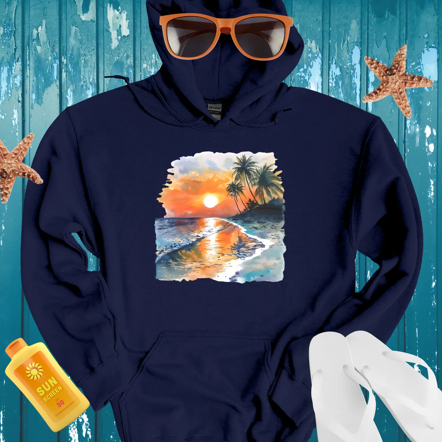Beach Sunset Hoodie With Vibrant Watercolor Design