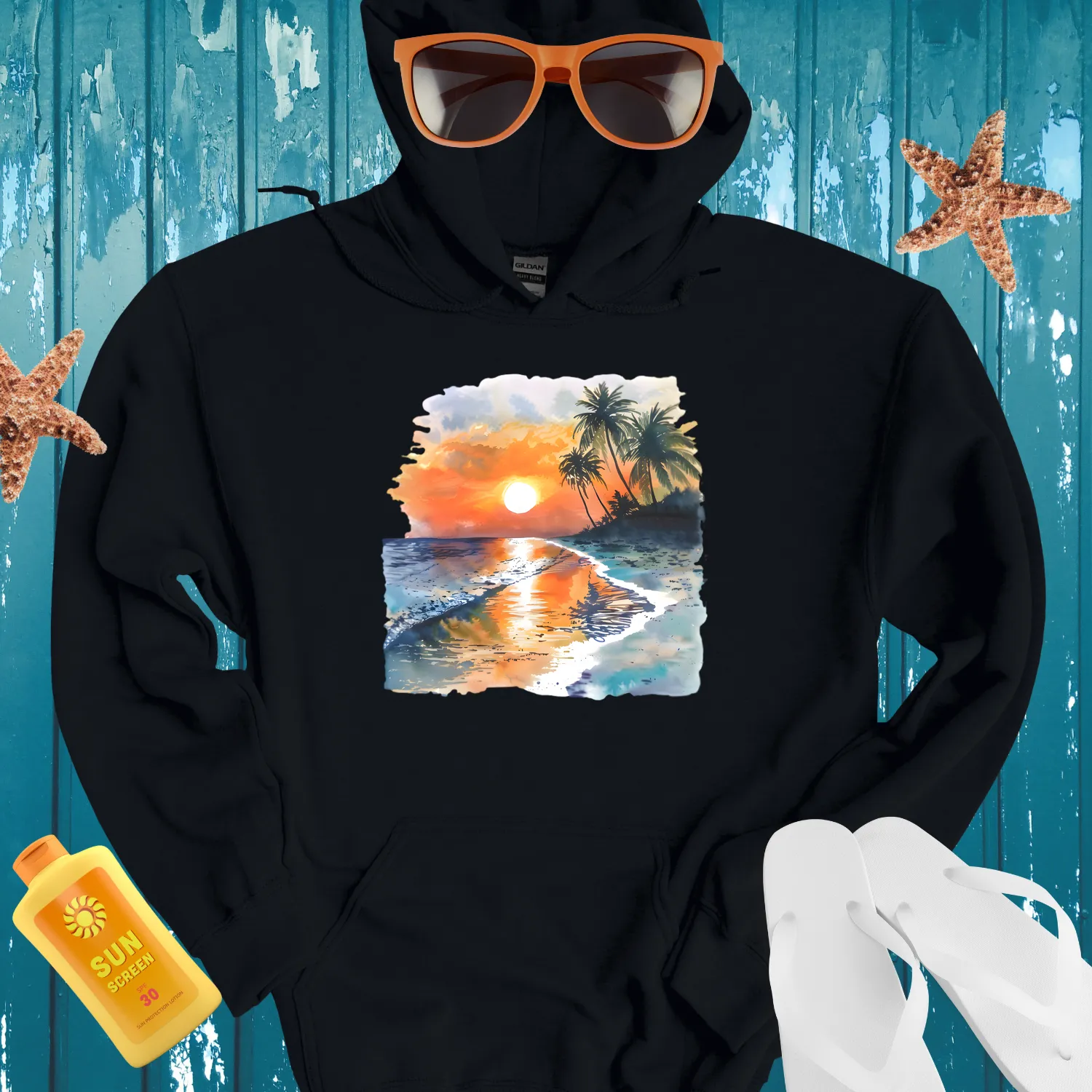 Beach Sunset Hoodie With Vibrant Watercolor Design