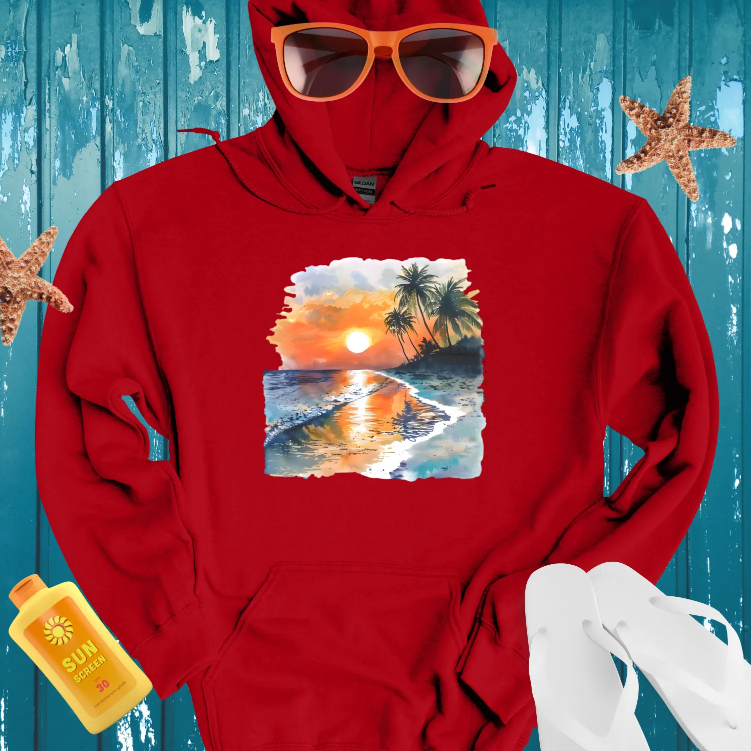 Beach Sunset Hoodie With Vibrant Watercolor Design