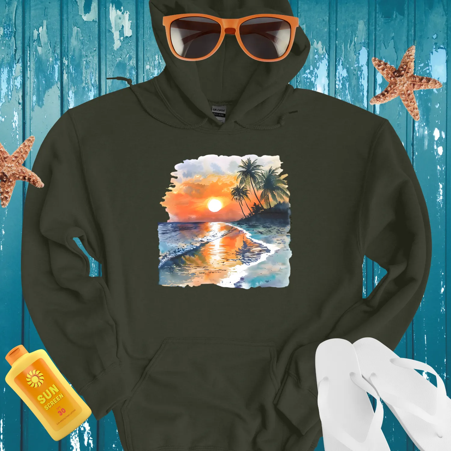 Beach Sunset Hoodie With Vibrant Watercolor Design