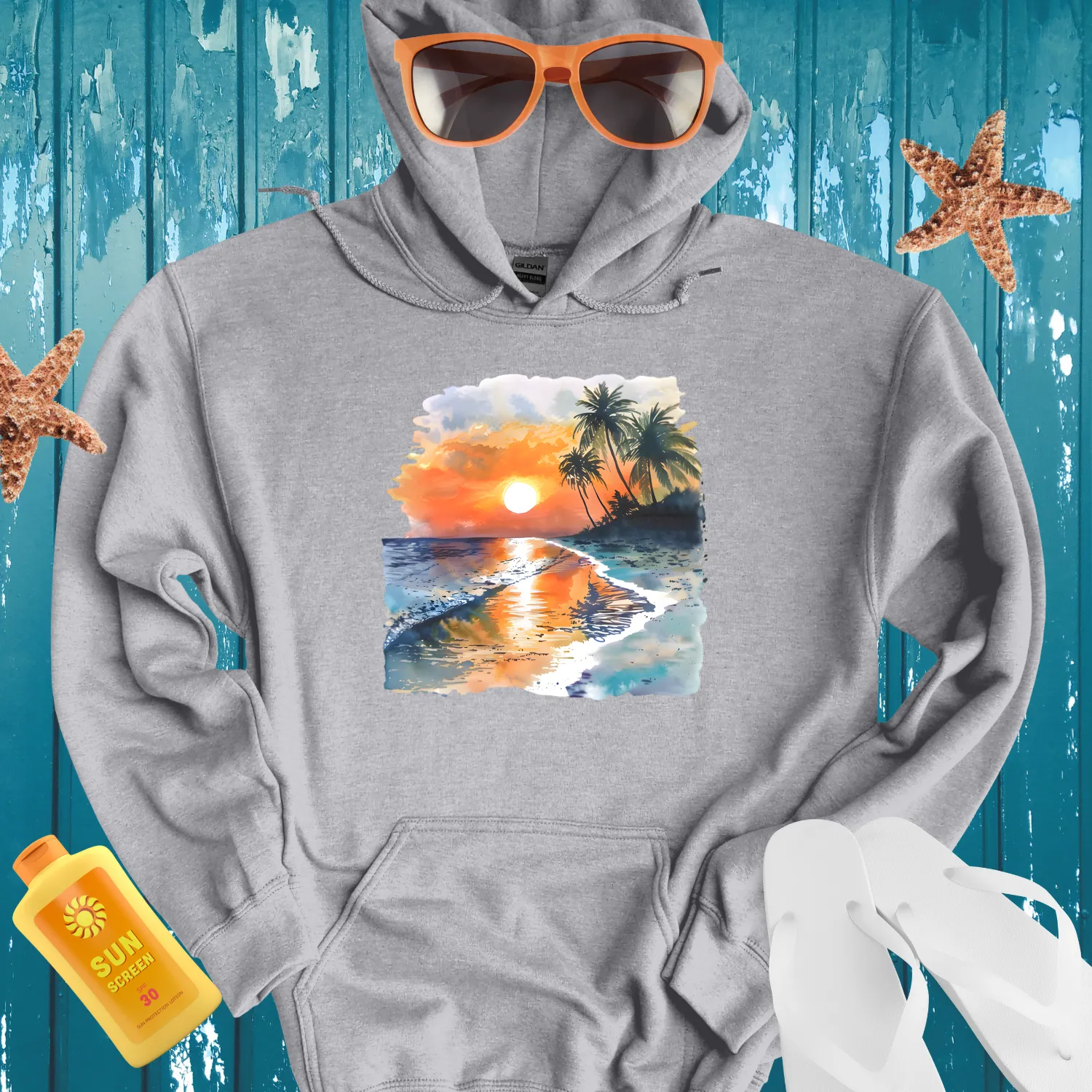 Beach Sunset Hoodie With Vibrant Watercolor Design