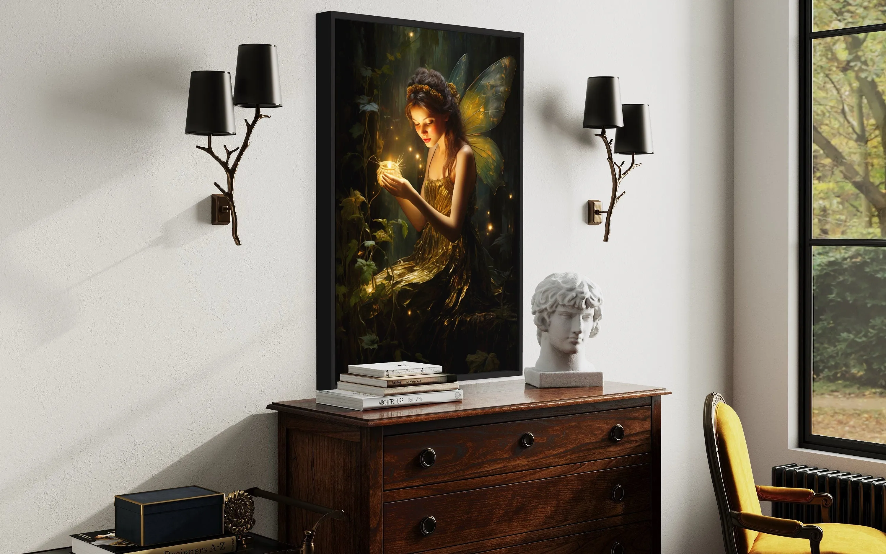 Beautiful Forest Fairy With Firefly Framed Canvas Wall Art