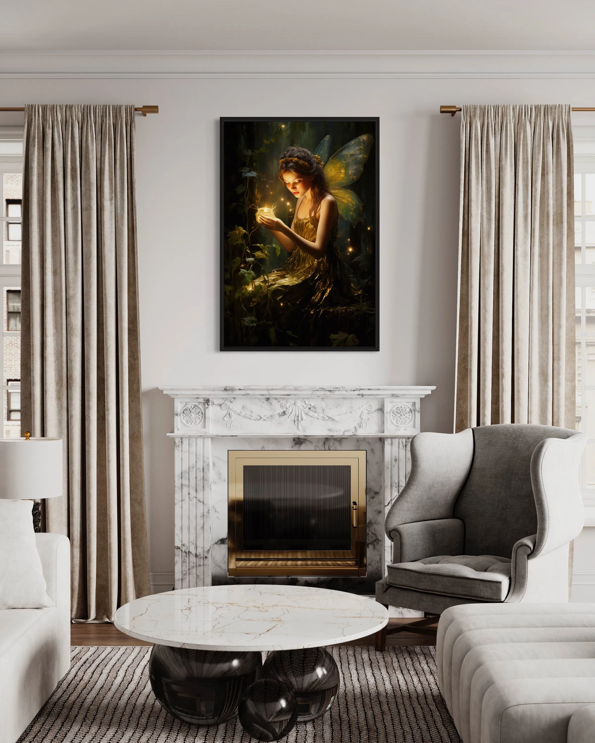 Beautiful Forest Fairy With Firefly Framed Canvas Wall Art