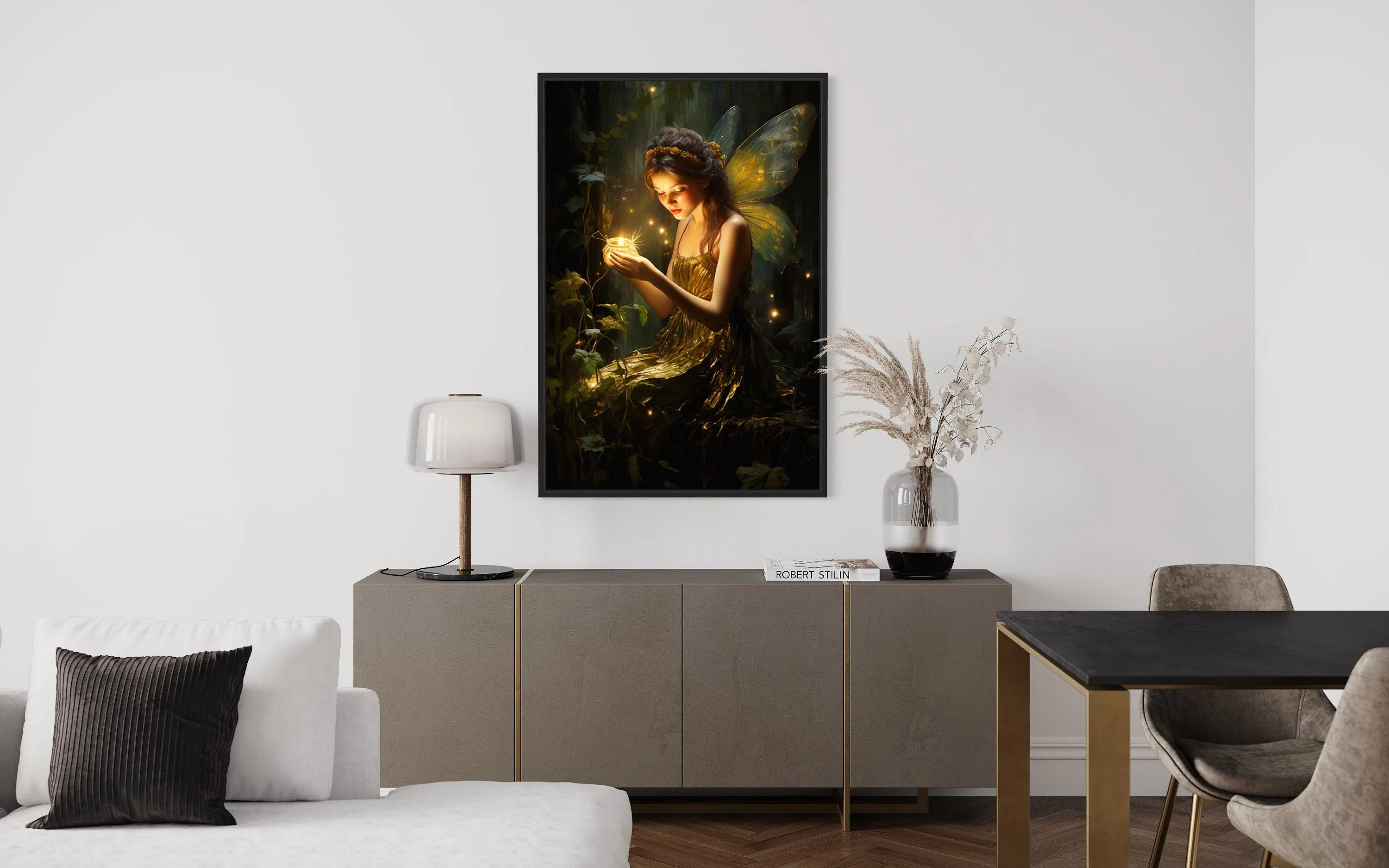 Beautiful Forest Fairy With Firefly Framed Canvas Wall Art