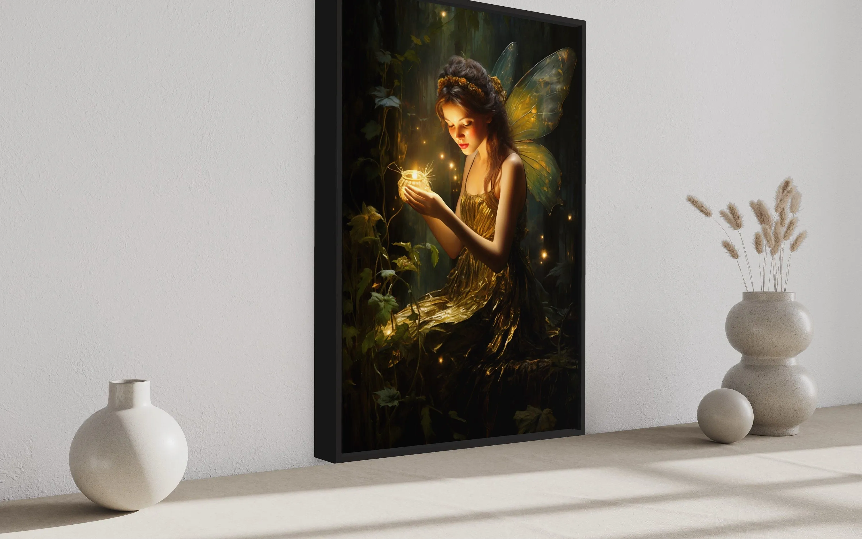 Beautiful Forest Fairy With Firefly Framed Canvas Wall Art