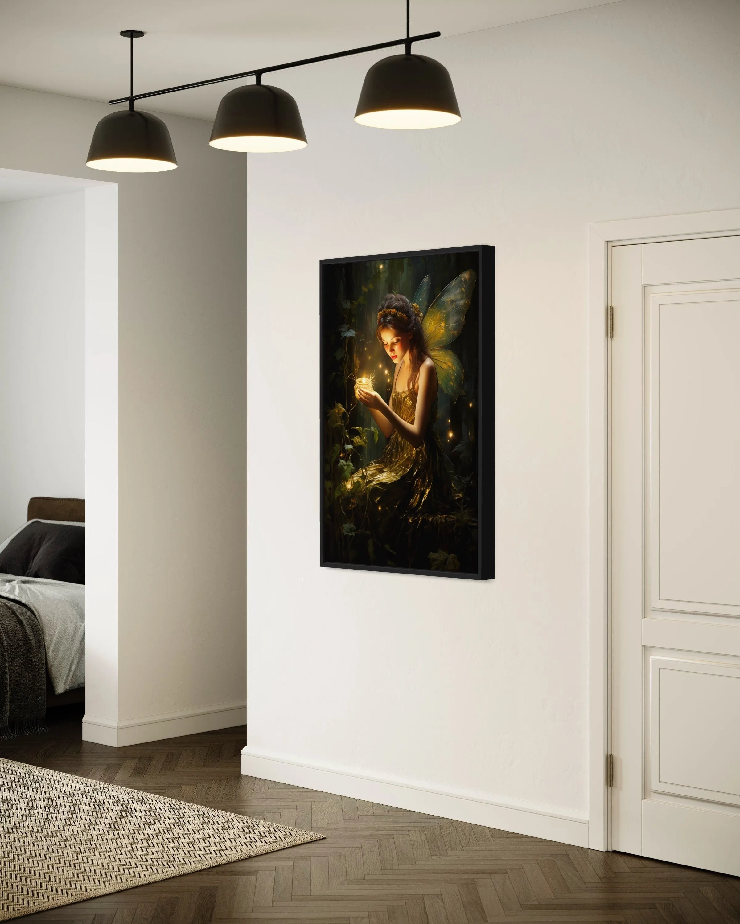 Beautiful Forest Fairy With Firefly Framed Canvas Wall Art