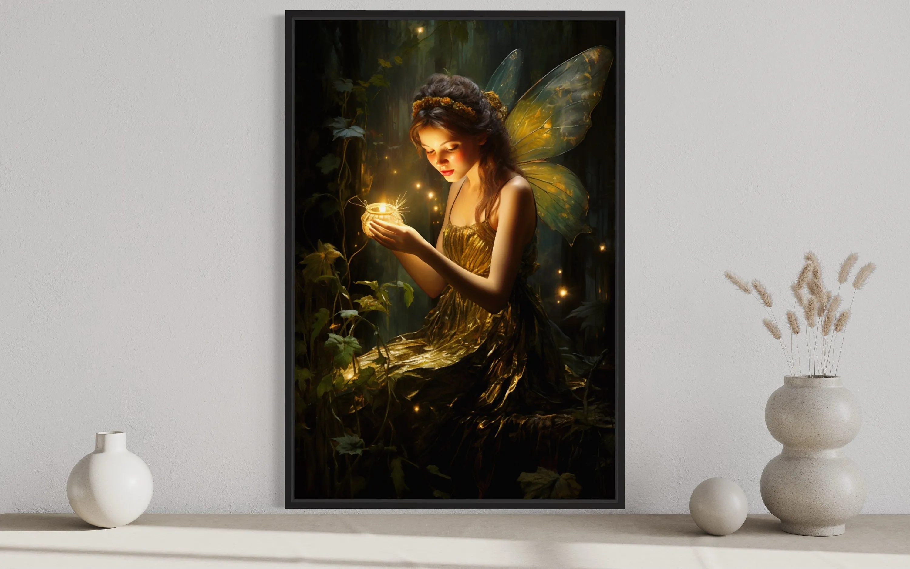 Beautiful Forest Fairy With Firefly Framed Canvas Wall Art