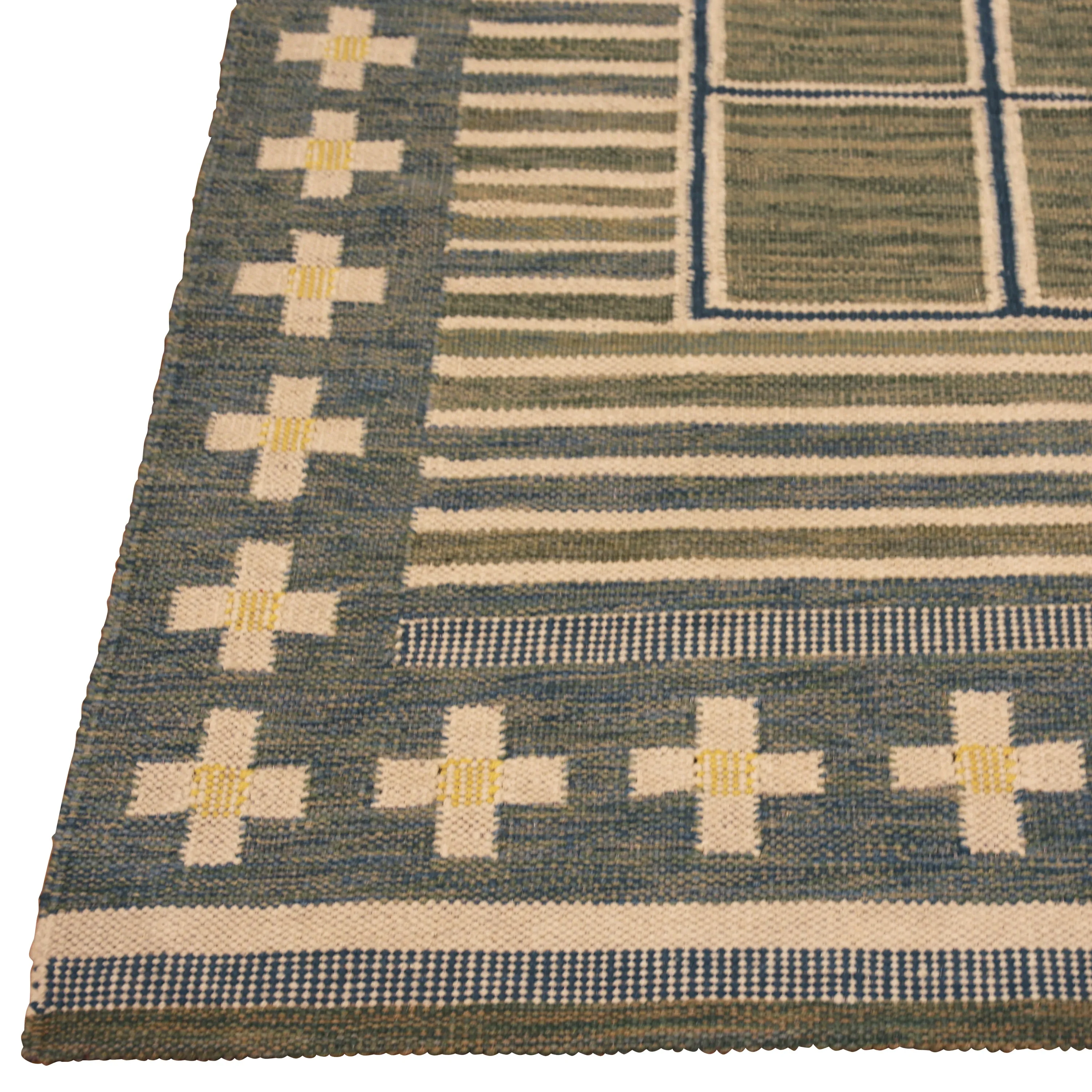 Blue Geometric Swedish Wool Kilim Rug - 6' x 9'