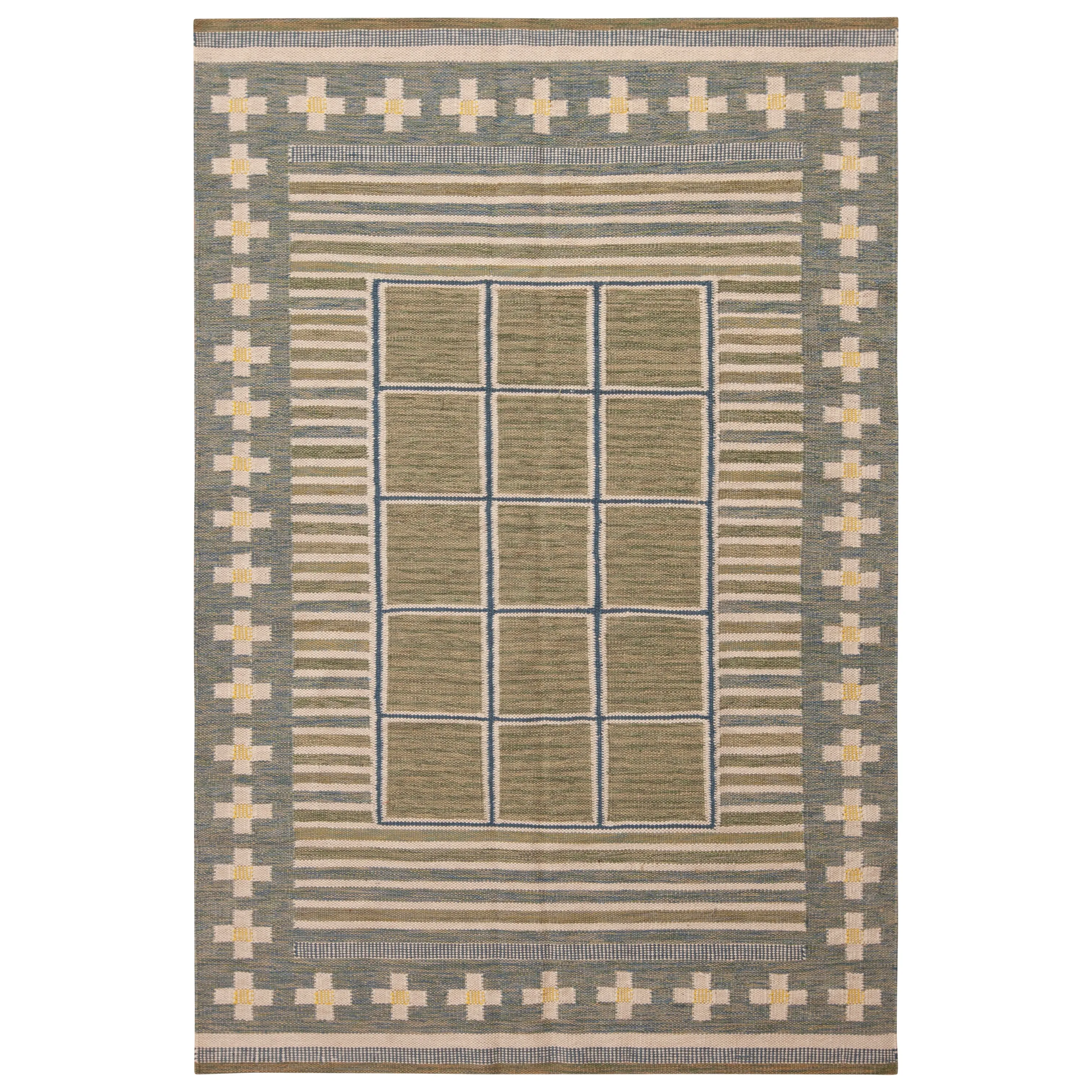 Blue Geometric Swedish Wool Kilim Rug - 6' x 9'