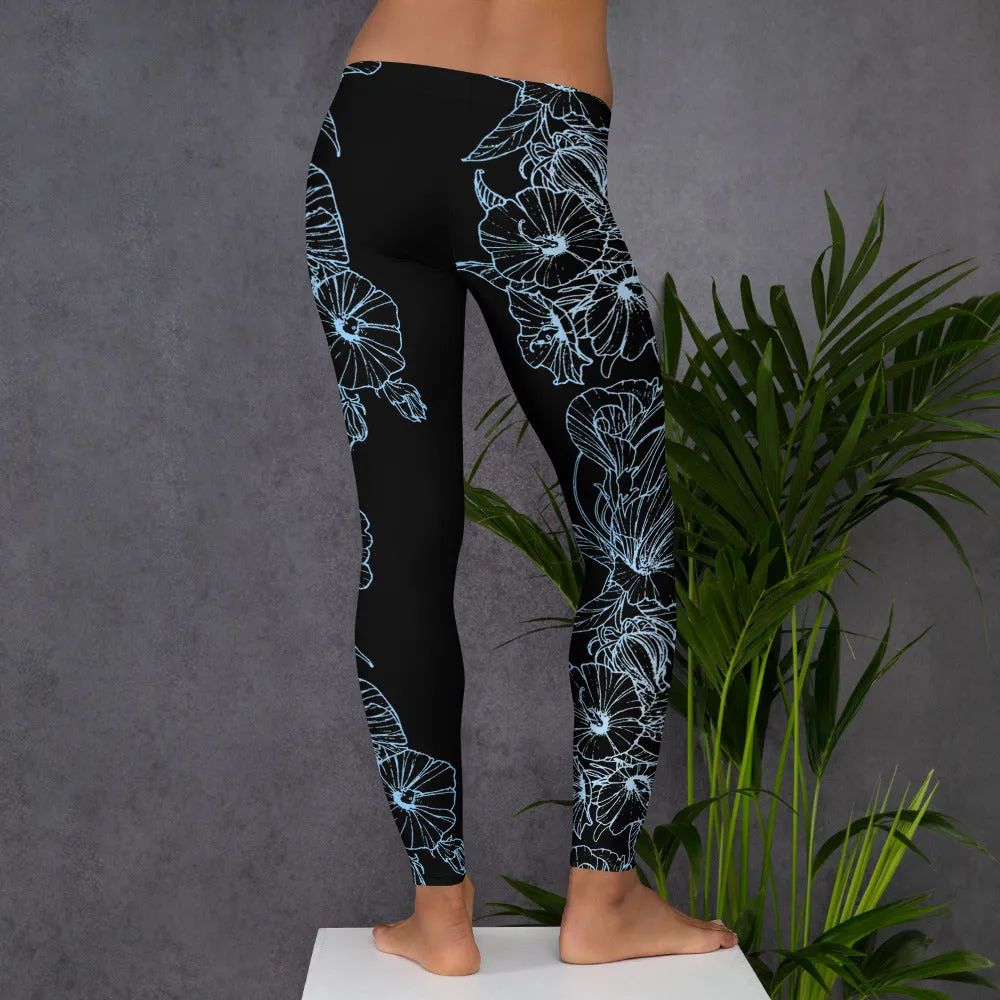 Blue Hibiscus Black Leggings